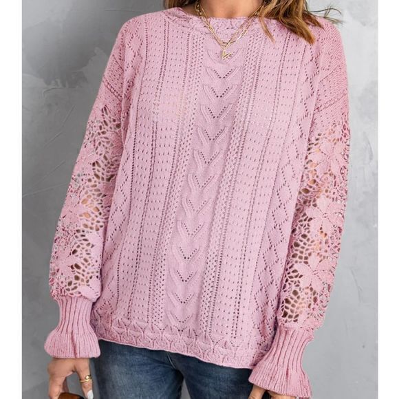 Red Open Knit Round Neck Sweater with Long Lace Flounce Sleeves Sz XL - Picture 3 of 11